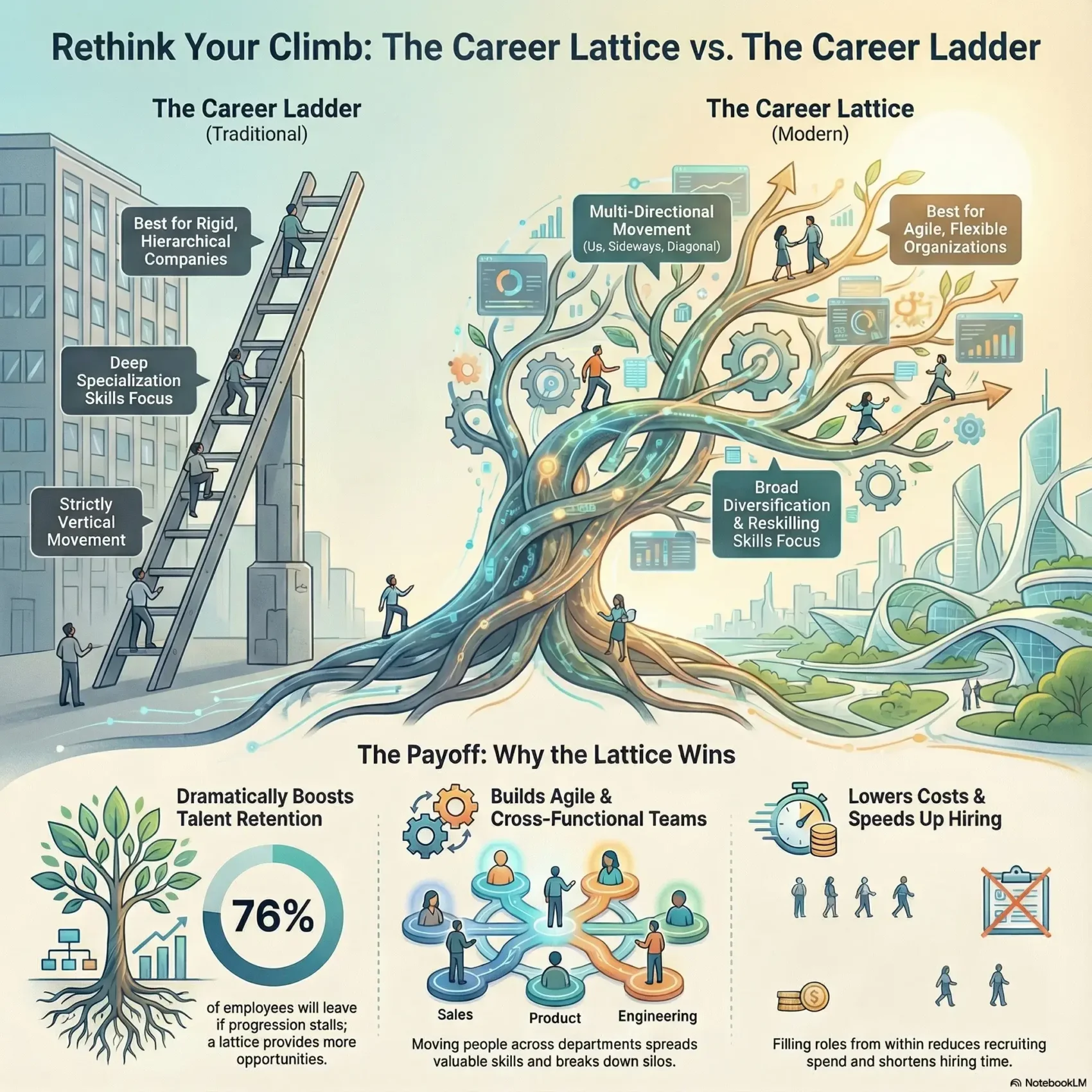 Infographic comparing the Career Lattice versus the Traditional Career Ladder by SmartKeys, showing how multi-directional movement boosts talent retention and organizational agility.