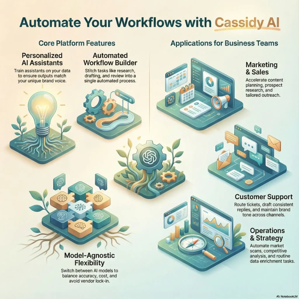 Infographic reviewing Cassidy AI features for workflow automation, visualizing personalized AI assistants, automated workflow builders, and applications for marketing and customer support teams.