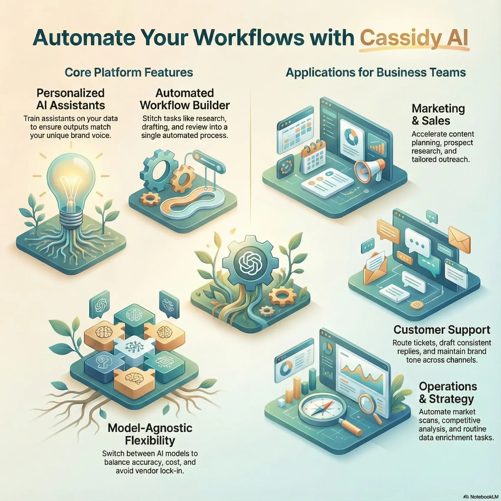 Infographic reviewing Cassidy AI features for workflow automation, visualizing personalized AI assistants, automated workflow builders, and applications for marketing and customer support teams.