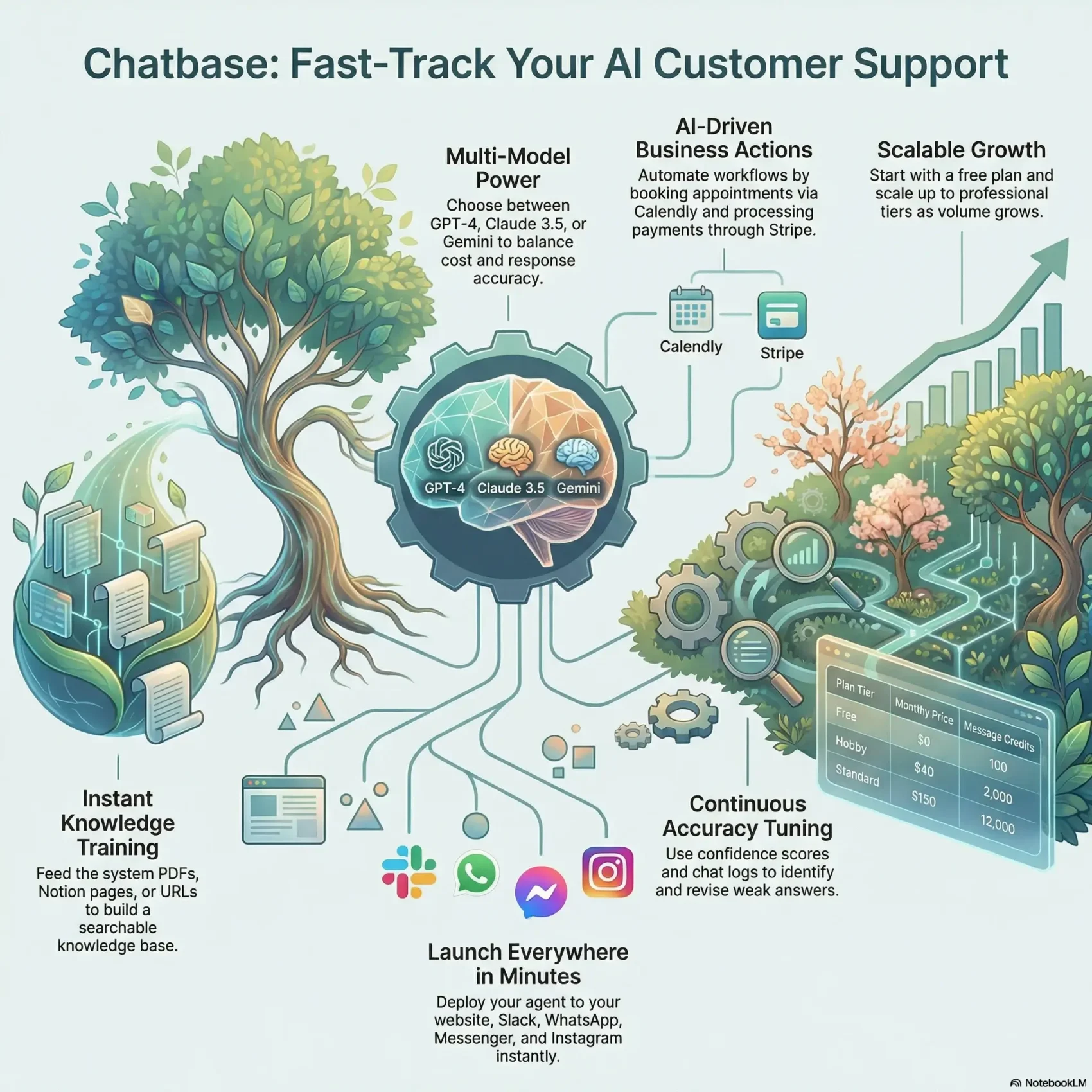 SmartKeys Chatbase Review infographic visualizing the process to fast-track AI customer support. The graphic details the path from data import (PDFs, Notion, URLs) to multi-model deployment using GPT-4, Claude 3.5, and Gemini across platforms like Slack, WhatsApp, and Instagram. It also highlights business scaling features, including Calendly and Stripe integrations, pricing tiers from Free to Standard, and continuous accuracy tuning via confidence scores.