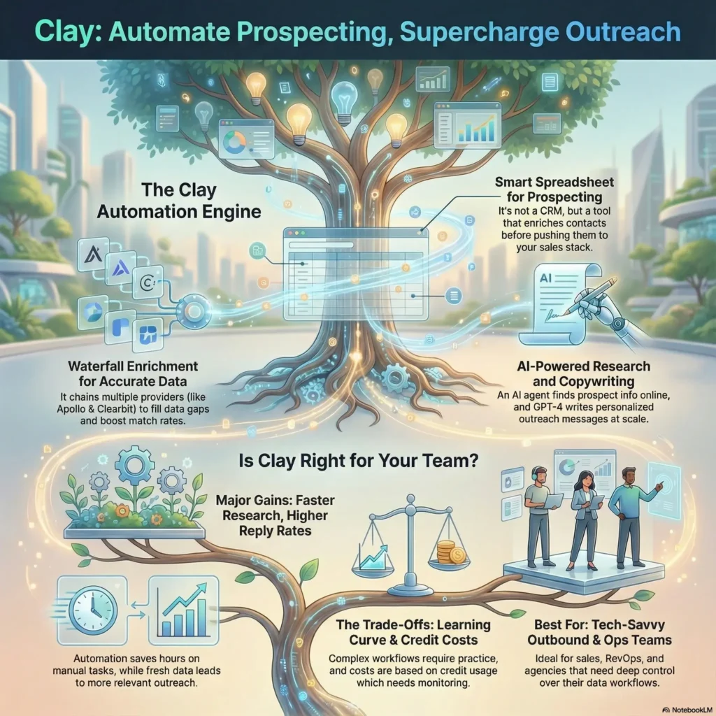 SmartKeys infographic presenting a Clay AI review to help automate prospecting and supercharge outreach. The visual details the automation engine, highlighting waterfall enrichment for data accuracy, smart spreadsheets, and AI-powered research, while evaluating trade-offs and benefits for tech-savvy sales teams.