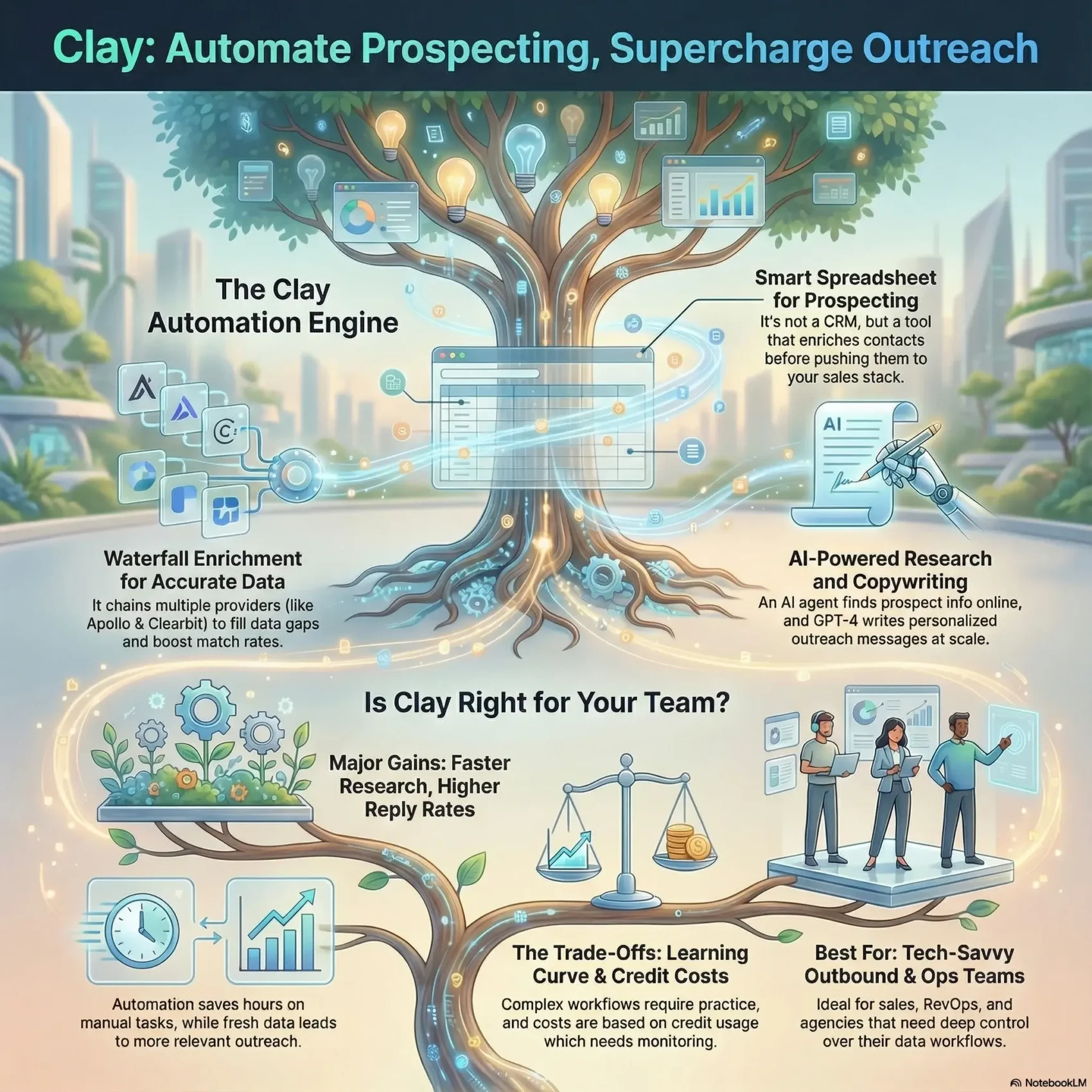 SmartKeys infographic presenting a Clay AI review to help automate prospecting and supercharge outreach. The visual details the automation engine, highlighting waterfall enrichment for data accuracy, smart spreadsheets, and AI-powered research, while evaluating trade-offs and benefits for tech-savvy sales teams.
