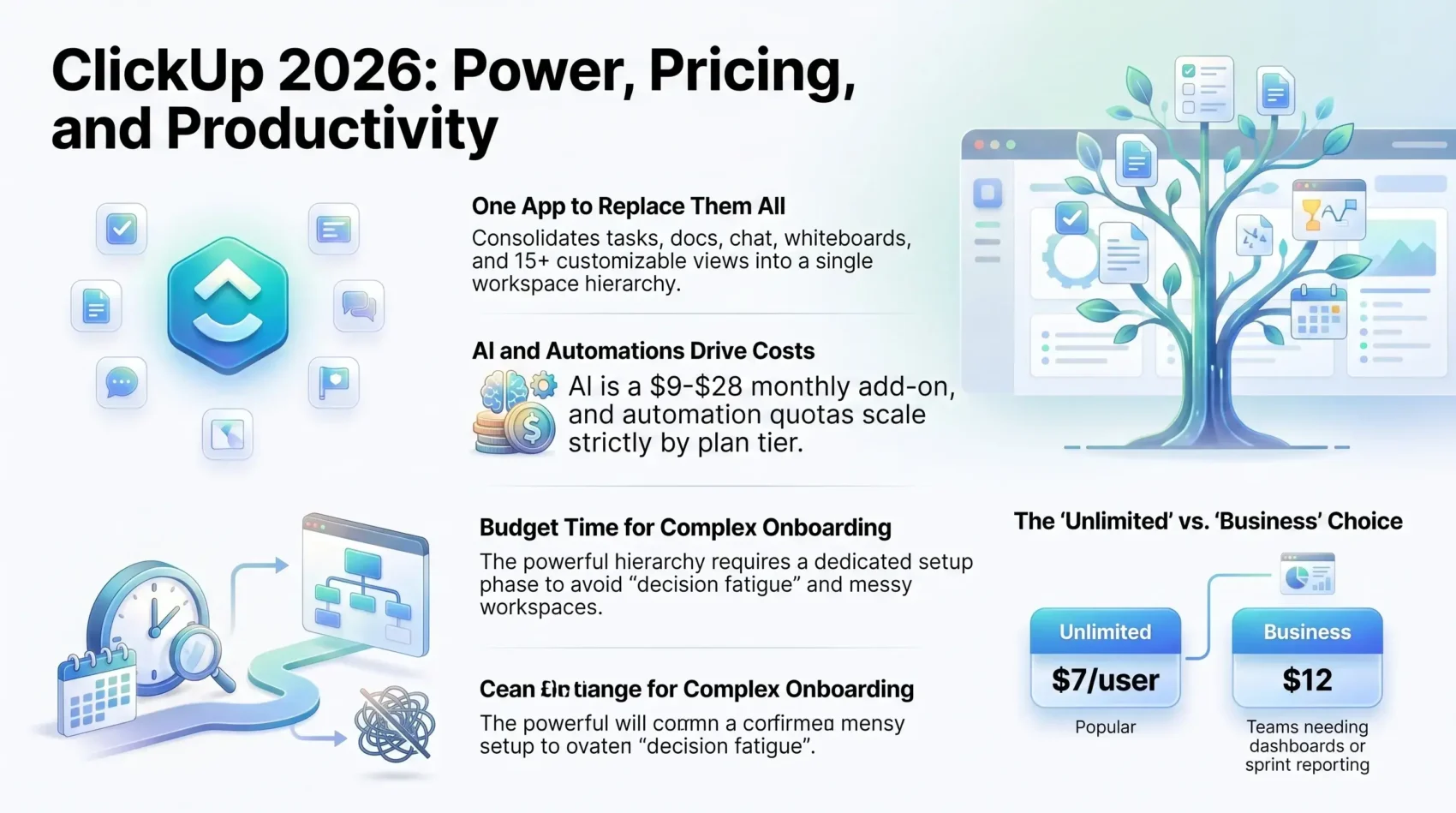 SmartKeys infographic detailing ClickUp in 2026, comparing Unlimited and Business pricing plans, AI and automation costs, and workspace onboarding features.