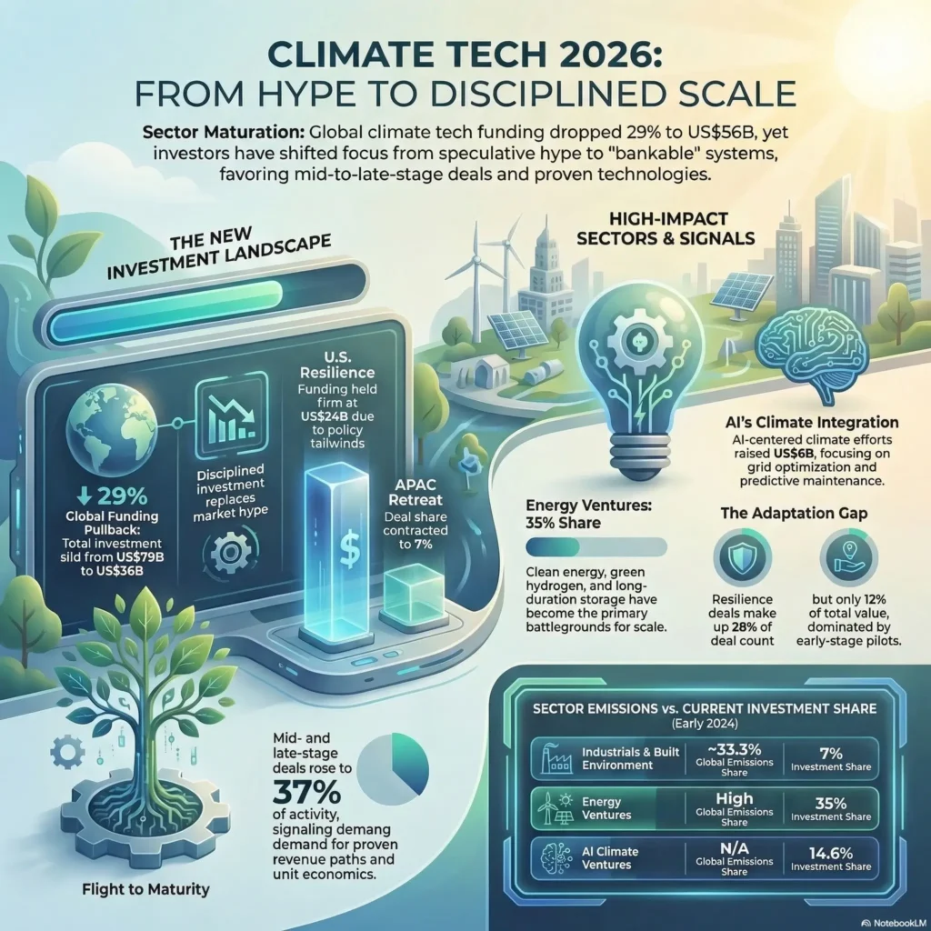SmartKeys infographic illustrating 2026 climate tech trends, showing the shift from hype to disciplined scale, the new investment landscape, and high-impact sectors like energy ventures and AI climate integration.
