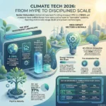 Climate Tech Trends: Innovating for a Sustainable Future SmartKeys infographic illustrating 2026 climate tech trends, showing the shift from hype to disciplined scale, the new investment landscape, and high-impact sectors like energy ventures and AI climate integration.