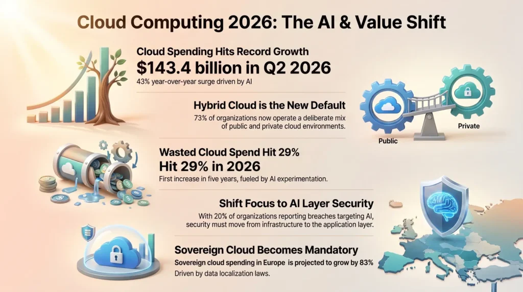 SmartKeys infographic illustrating 2026 cloud computing trends, highlighting hybrid cloud defaults, AI layer security, wasted cloud spending, and sovereign cloud adoption.