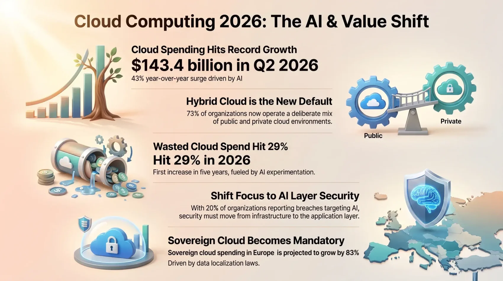 SmartKeys infographic illustrating 2026 cloud computing trends, highlighting hybrid cloud defaults, AI layer security, wasted cloud spending, and sovereign cloud adoption.