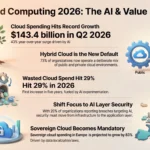 Cloud Computing Trends 2026: What Businesses Need to Know SmartKeys infographic illustrating 2026 cloud computing trends, highlighting hybrid cloud defaults, AI layer security, wasted cloud spending, and sovereign cloud adoption.
