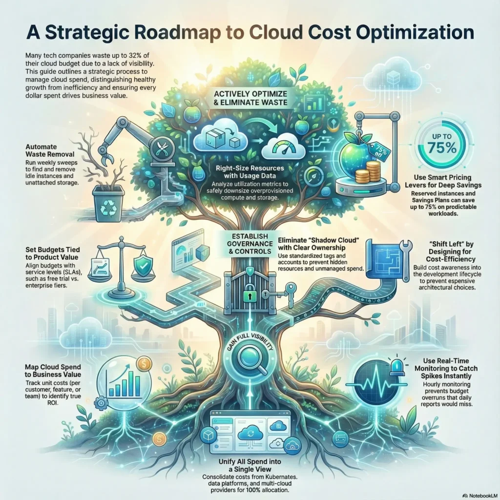 SmartKeys infographic: Strategic Roadmap to Cloud Cost Optimization, visualizing steps to eliminate waste, right-size resources, and establish governance to reduce cloud spend by up to 75%.