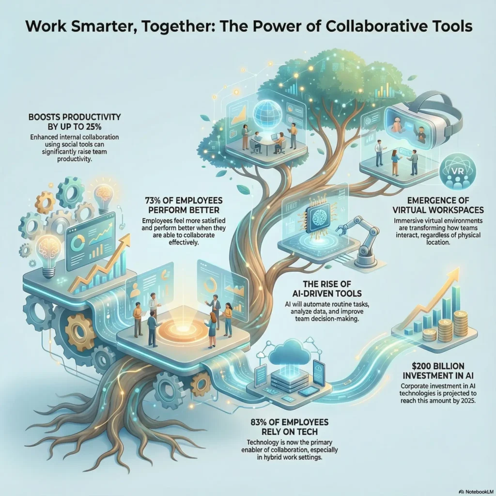 Infographic on the power of collaborative tools for future workplaces, illustrating a 25% productivity boost, the rise of AI-driven tools, and the emergence of virtual workspaces for modern teams.