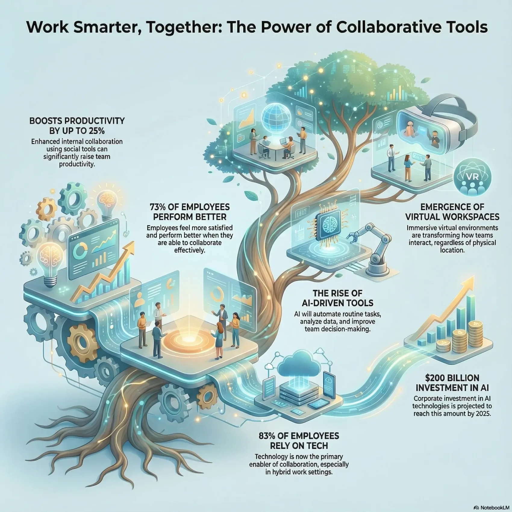 Infographic on the power of collaborative tools for future workplaces, illustrating a 25% productivity boost, the rise of AI-driven tools, and the emergence of virtual workspaces for modern teams.