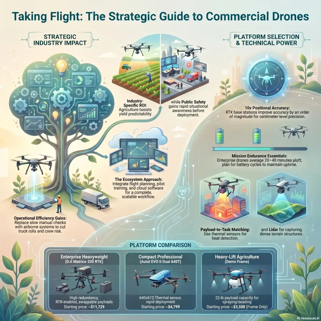 SmartKeys infographic explaining the strategic use of commercial drones, highlighting industry-specific ROI, platform selection, and operational efficiency gains.