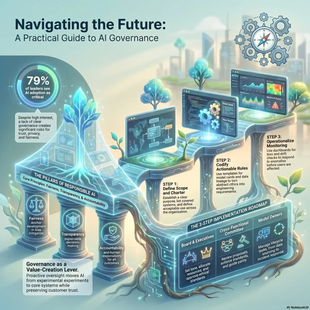 SmartKeys infographic outlining a practical guide to AI governance, featuring pillars of responsible AI and a 3-step implementation roadmap for the modern workforce.
