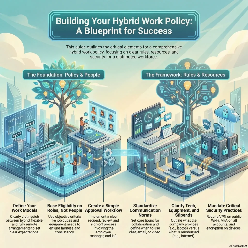 SmartKeys infographic: Building Your Hybrid Work Policy. A blueprint for success covering critical elements such as defining work models, establishing role-based eligibility, communication norms, and security practices for a distributed workforce.