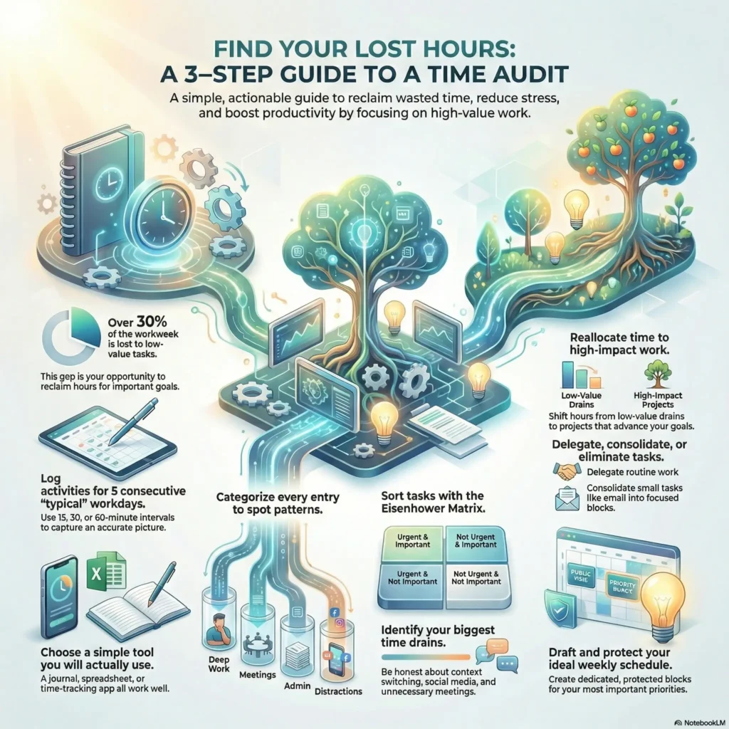 SmartKeys infographic: 3-Step Guide to Conducting a Time Audit. Illustrates how to find lost hours and eliminate time wasters using the Eisenhower Matrix. Steps cover logging activities for 5 days, categorizing entries to spot patterns, and reallocating time from low-value drains to high-impact projects.