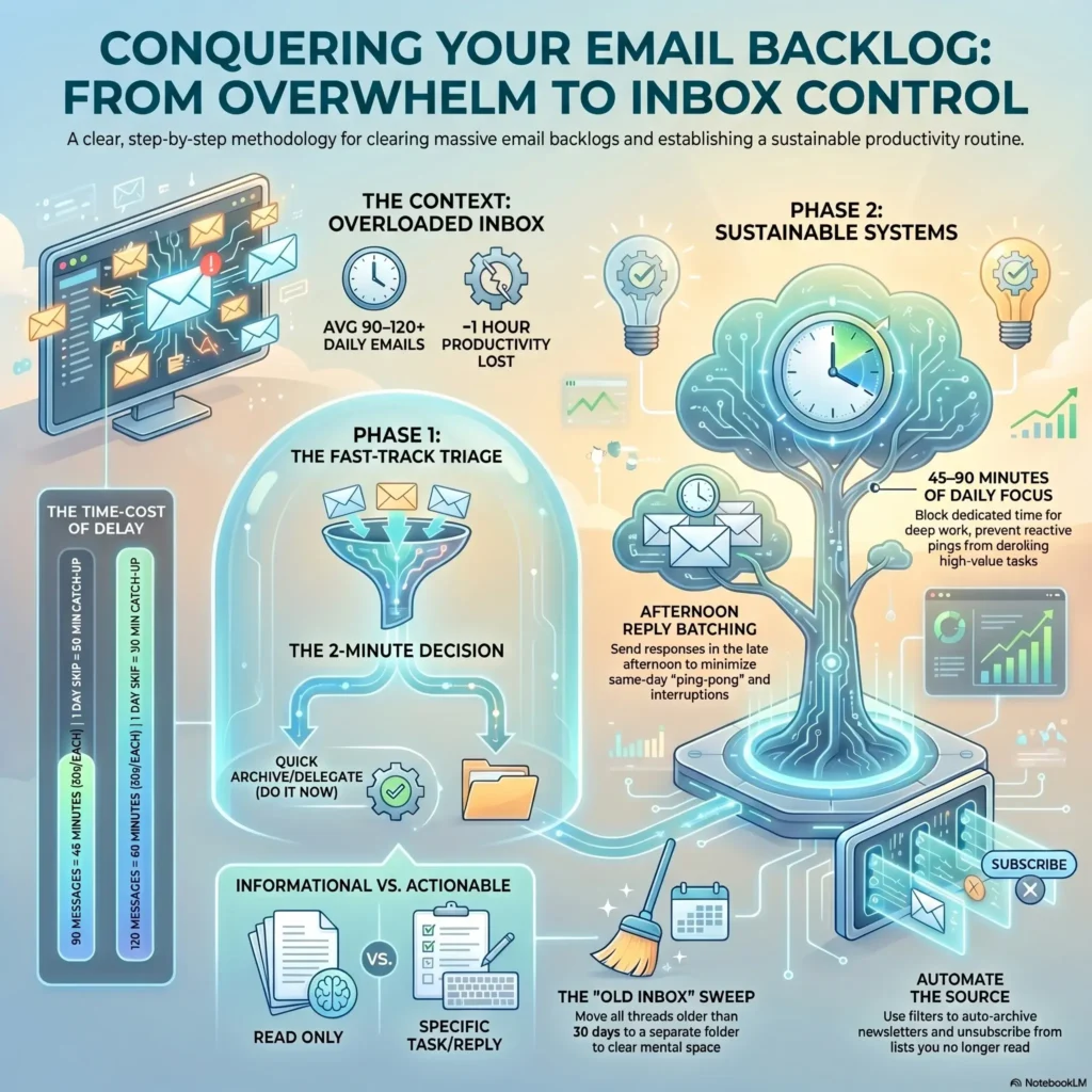 SmartKeys infographic illustrating a step-by-step methodology for conquering an email backlog, featuring fast-track triage, the 2-minute rule, and sustainable productivity systems to achieve inbox control.