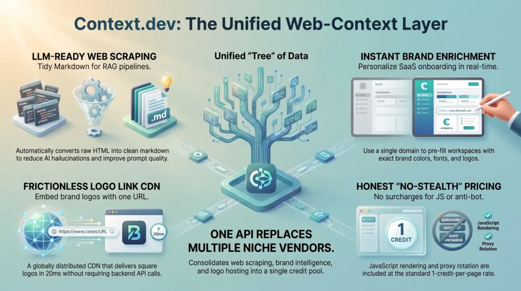 Infographic illustrating the Context.dev unified web-context layer, detailing LLM-ready markdown scraping, real-time brand enrichment, logo CDN, and flat-rate pricing.