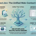 Context.dev Review 2026: Pricing, APIs & Honest Verdict Infographic illustrating the Context.dev unified web-context layer, detailing LLM-ready markdown scraping, real-time brand enrichment, logo CDN, and flat-rate pricing.