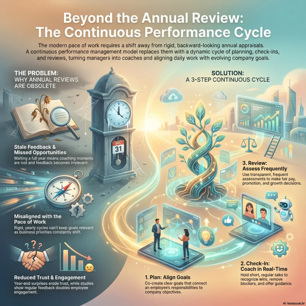 Infographic outlining the Continuous Performance Management cycle, replacing obsolete annual reviews with regular goal alignment, real-time coaching, and frequent assessments.