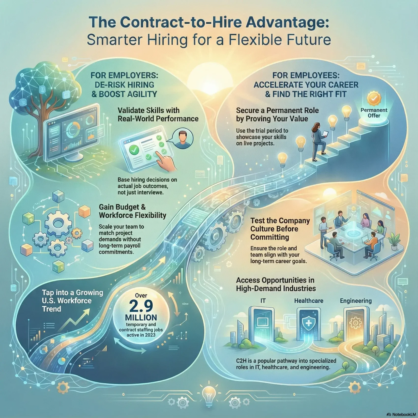 SmartKeys infographic illustrating the contract-to-hire staffing trend, highlighting benefits for de-risking hiring for employers and career acceleration for employees.