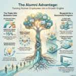 SmartKeys infographic titled "The Alumni Advantage: Turning Former Employees into a Growth Engine." It outlines the business benefits of corporate alumni networks, such as accelerating talent acquisition through boomerang hires and building a sales pipeline, and provides a blueprint for aligning the program with business goals and measuring success.