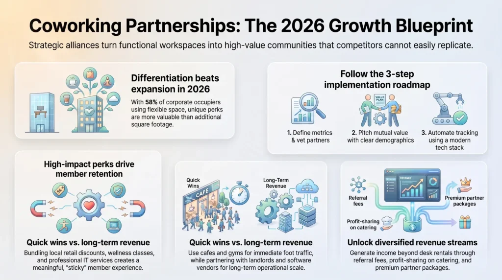Coworking Partnerships 2026 Growth Blueprint infographic detailing differentiation strategies, implementation roadmap, and diversified revenue streams for flexible workspaces.