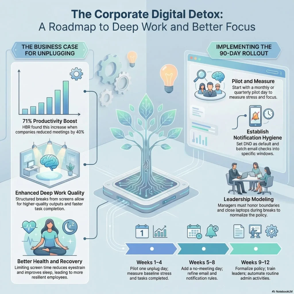 SmartKeys infographic outlining a corporate digital detox roadmap, detailing the business case for unplugging and a structured 90-day implementation plan for deeper work.
