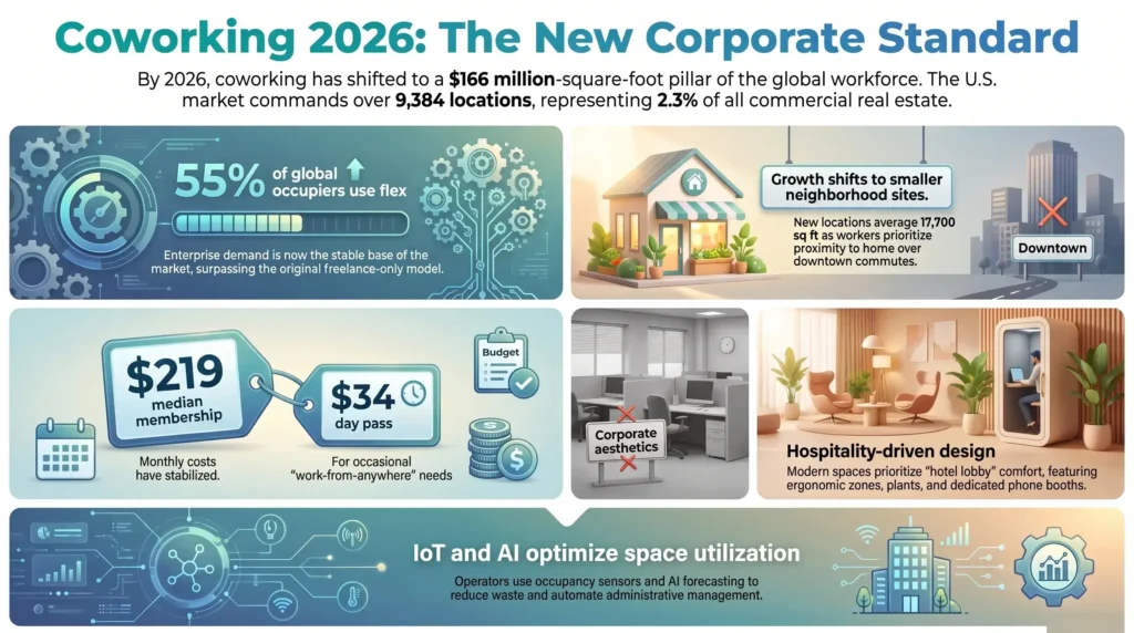 SmartKeys infographic showing 2026 coworking industry statistics, including enterprise flex demand, neighborhood growth, average pricing, and AI-optimized spaces.