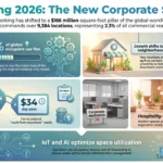 Coworking Spaces in 2026: Costs, Trends and Market Data SmartKeys infographic showing 2026 coworking industry statistics, including enterprise flex demand, neighborhood growth, average pricing, and AI-optimized spaces.