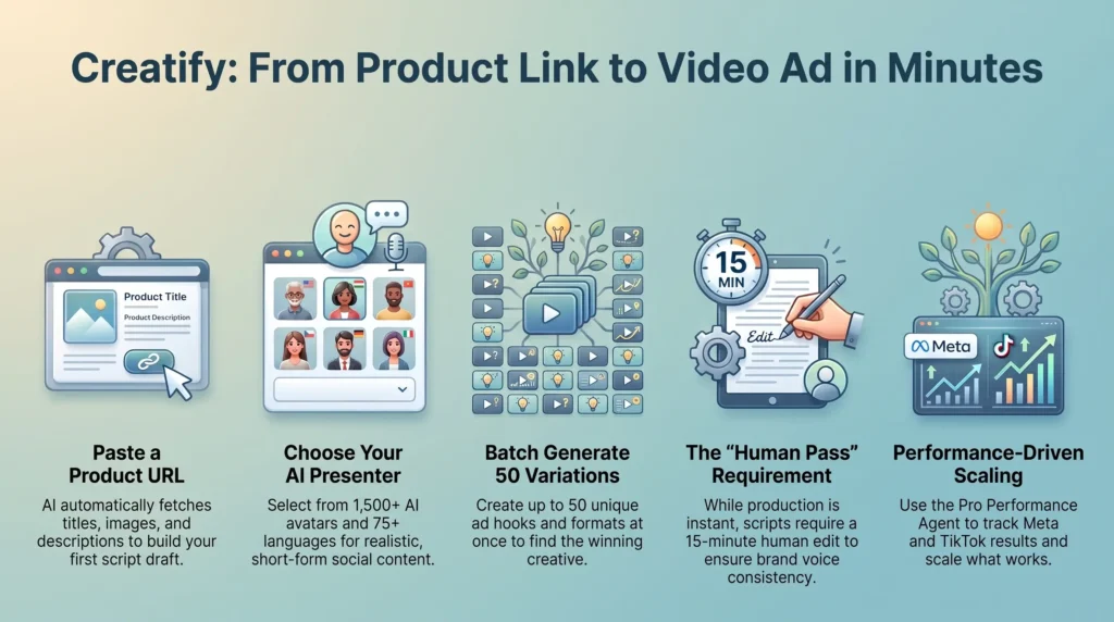 Infographic outlining the Creatify AI video ad generation workflow from product URL extraction to AI avatars, batch variation creation, and performance tracking.