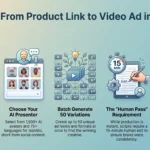 Creatify Review 2026: Product Videos, Templates, and Ad Performance Infographic outlining the Creatify AI video ad generation workflow from product URL extraction to AI avatars, batch variation creation, and performance tracking.