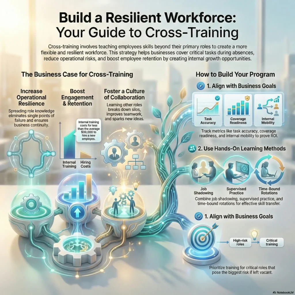 SmartKeys infographic titled "Build a Resilient Workforce: Your Guide to Cross-Training." It outlines the business case for a multi-skilled workforce and details a program strategy using hands-on methods like job shadowing, supervised practice, and rotations.