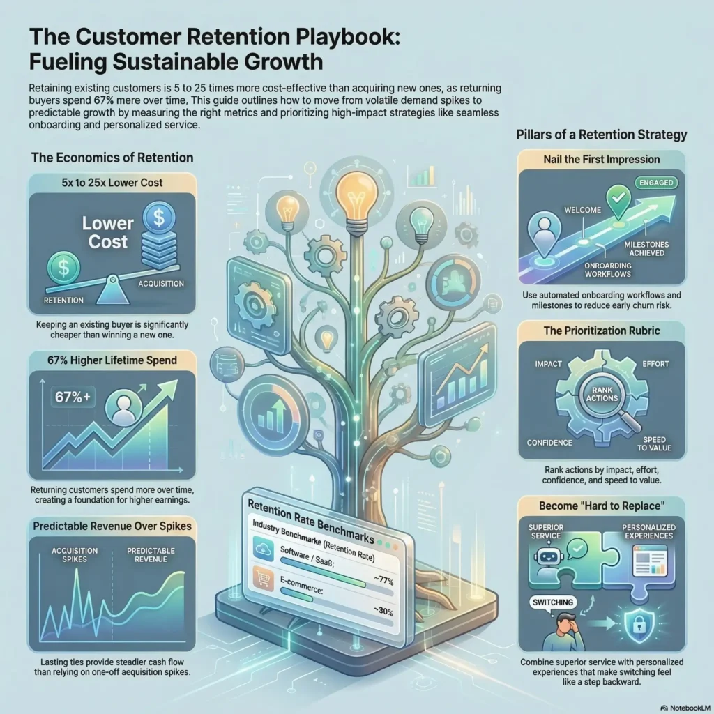 SmartKeys infographic outlining customer retention strategies for sustainable growth, covering the economics of lower acquisition costs, retention rate benchmarks, and core pillars like seamless onboarding and personalized experiences.