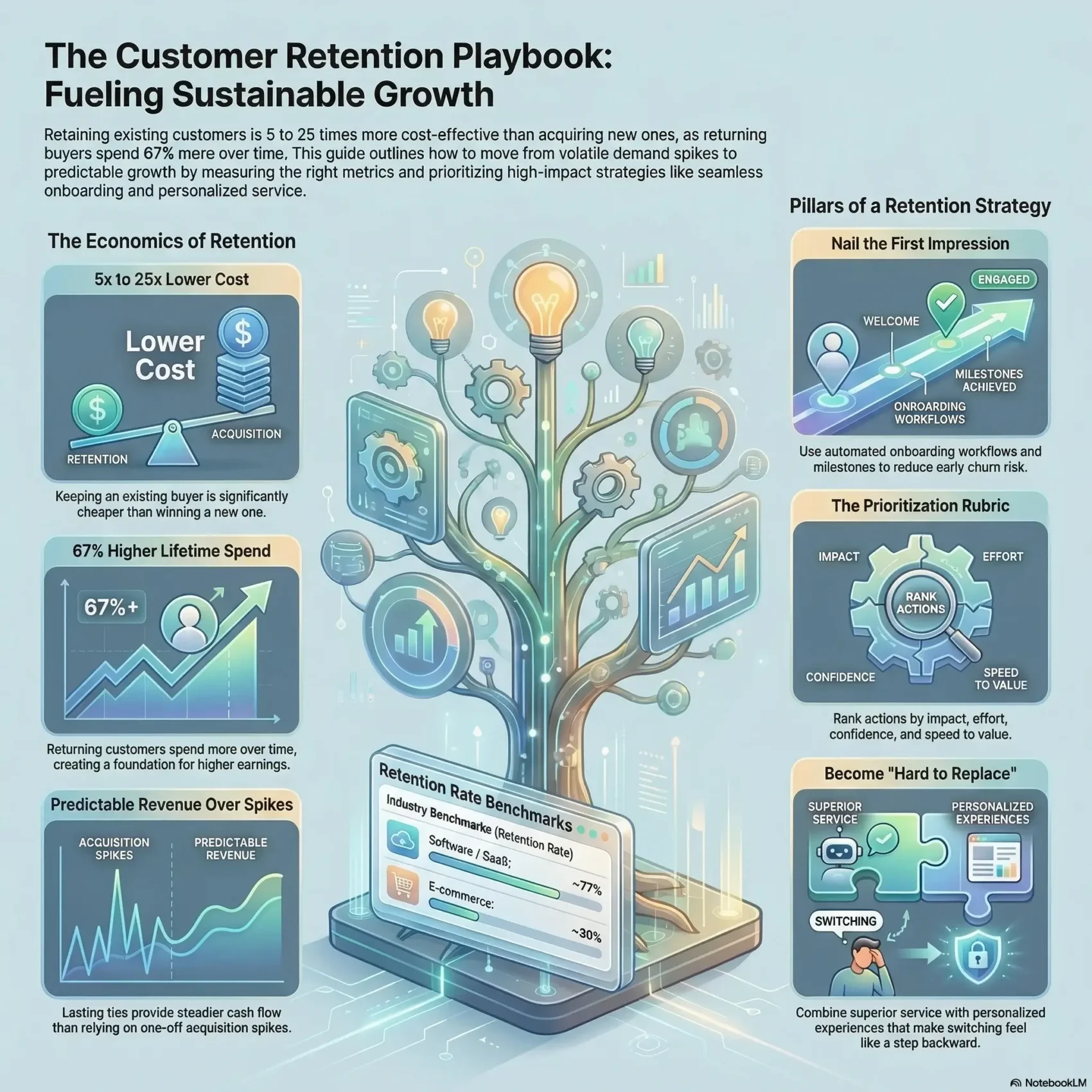SmartKeys infographic outlining customer retention strategies for sustainable growth, covering the economics of lower acquisition costs, retention rate benchmarks, and core pillars like seamless onboarding and personalized experiences.