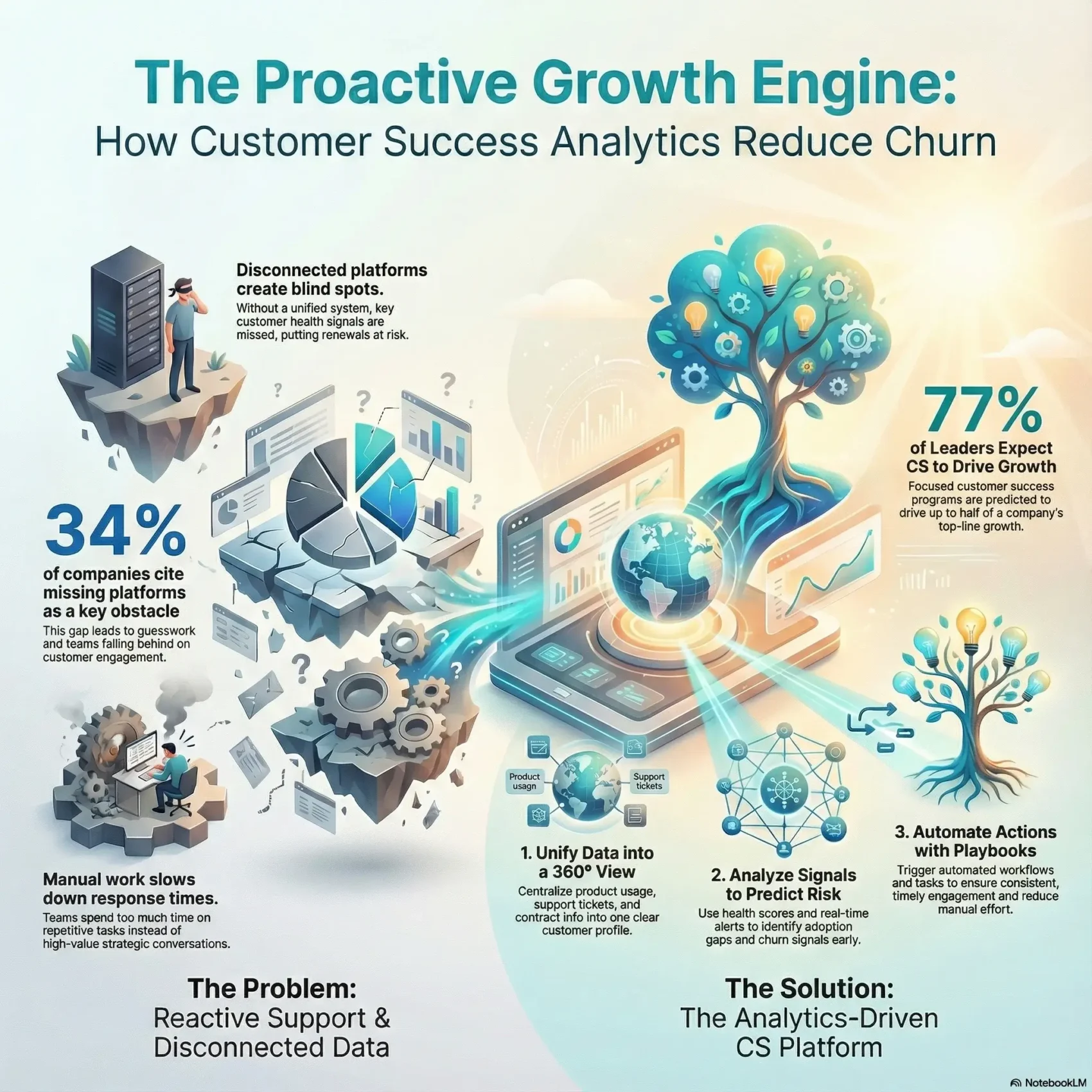 SmartKeys infographic: Customer Success Analytics framework explaining how to reduce churn and drive growth by unifying data, analyzing risk signals, and automating actions with playbooks.