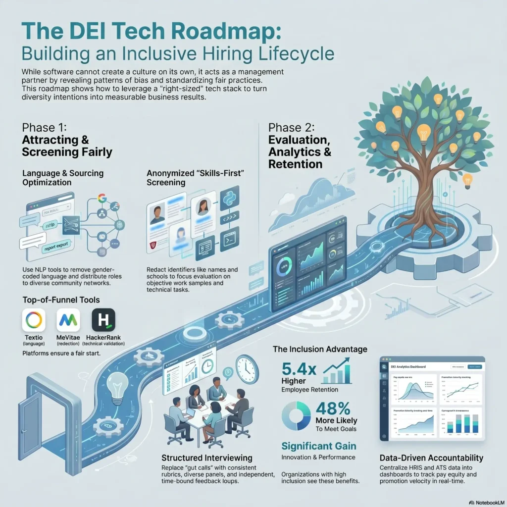 Infographic presenting a DEI tech roadmap for building an inclusive hiring lifecycle, highlighting fair screening tools, structured interviewing, and data-driven accountability for better employee retention.