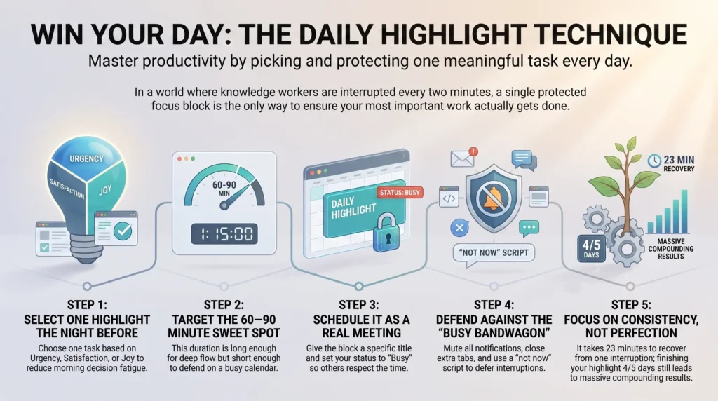 Infographic illustrating the 5-step Daily Highlight Technique to master productivity, protect deep focus blocks, and eliminate workplace distractions.