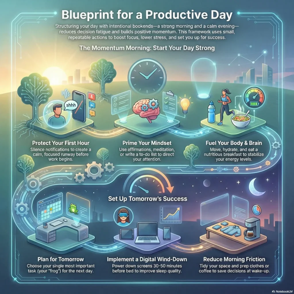 SmartKeys infographic titled 'Blueprint for a Productive Day' illustrating a daily routine template for optimal productivity. The visual guide details the 'Momentum Morning' (protecting the first hour, mindset priming, fueling the body) and evening steps to 'Set Up Tomorrow's Success' (planning priority tasks, digital wind-down, reducing morning friction) to minimize decision fatigue.
