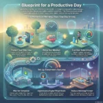 Daily Routine Template: Structure Your Day for Optimal Productivity SmartKeys infographic titled 'Blueprint for a Productive Day' illustrating a daily routine template for optimal productivity. The visual guide details the 'Momentum Morning' (protecting the first hour, mindset priming, fueling the body) and evening steps to 'Set Up Tomorrow's Success' (planning priority tasks, digital wind-down, reducing morning friction) to minimize decision fatigue.