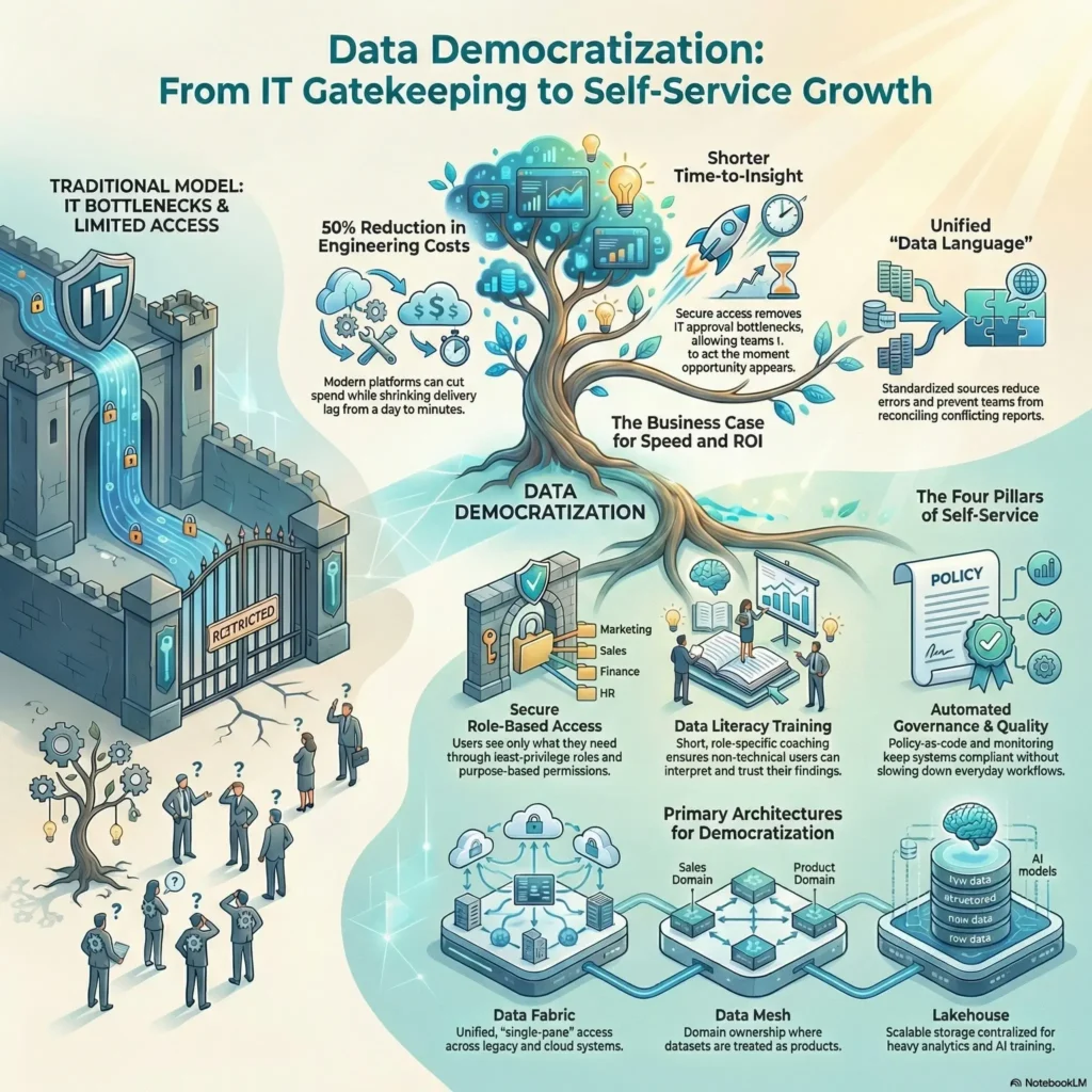 SmartKeys infographic on data democratization, showing the transition from IT bottlenecks to self-service analytics that empower business teams with secure access and automated governance.