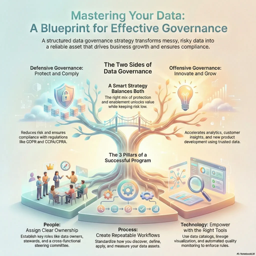 SmartKeys infographic: A Blueprint for Effective Data Governance. Illustrates the balance between defensive (compliance) and offensive (growth) strategies, anchored by the three pillars of a successful program: People, Process, and Technology.