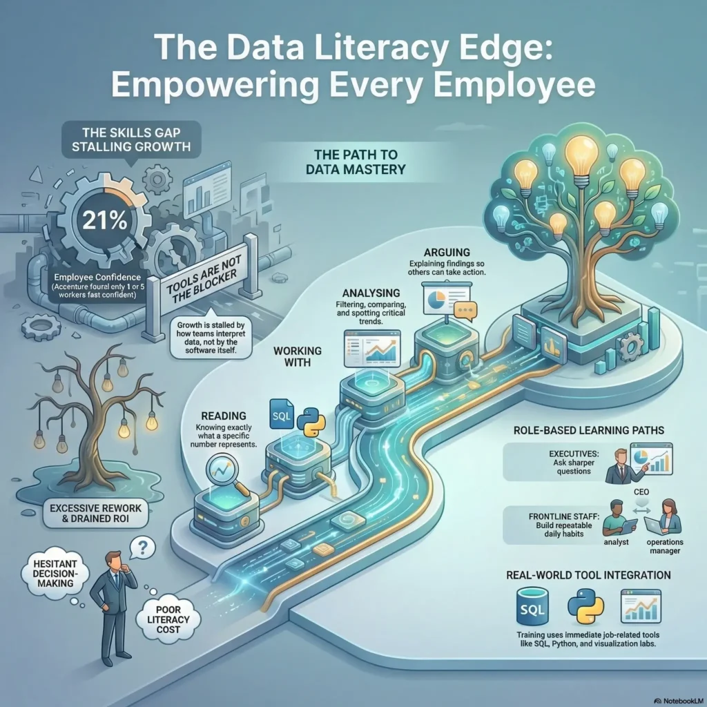 SmartKeys infographic explaining data literacy programs, highlighting the skills gap, the path to data mastery from reading to arguing data, and role-based learning paths to empower employees.