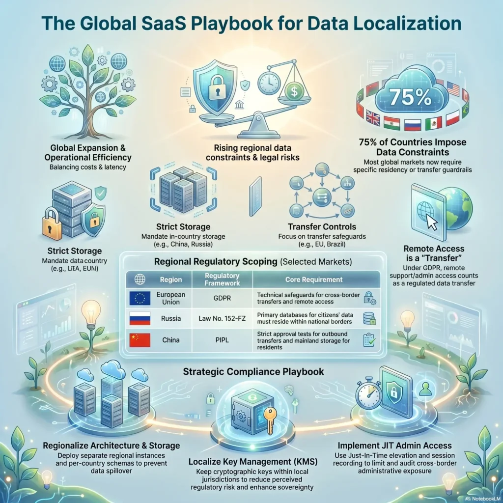 Infographic outlining a global SaaS playbook for data localization, detailing rising regional data constraints, regulatory scoping like GDPR, and a strategic compliance playbook for storage architecture.