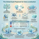 Infographic outlining a global SaaS playbook for data localization, detailing rising regional data constraints, regulatory scoping like GDPR, and a strategic compliance playbook for storage architecture.