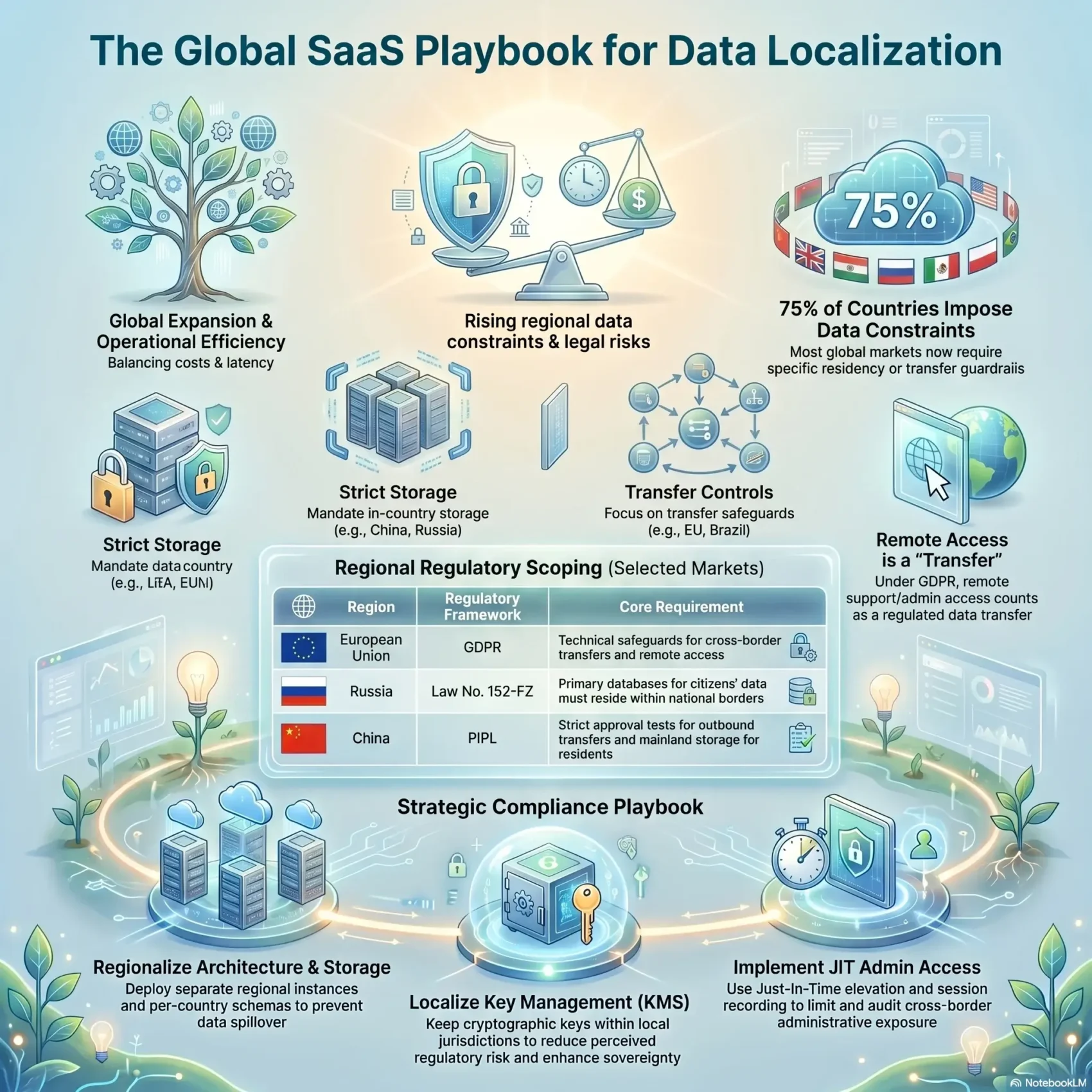 Infographic outlining a global SaaS playbook for data localization, detailing rising regional data constraints, regulatory scoping like GDPR, and a strategic compliance playbook for storage architecture.