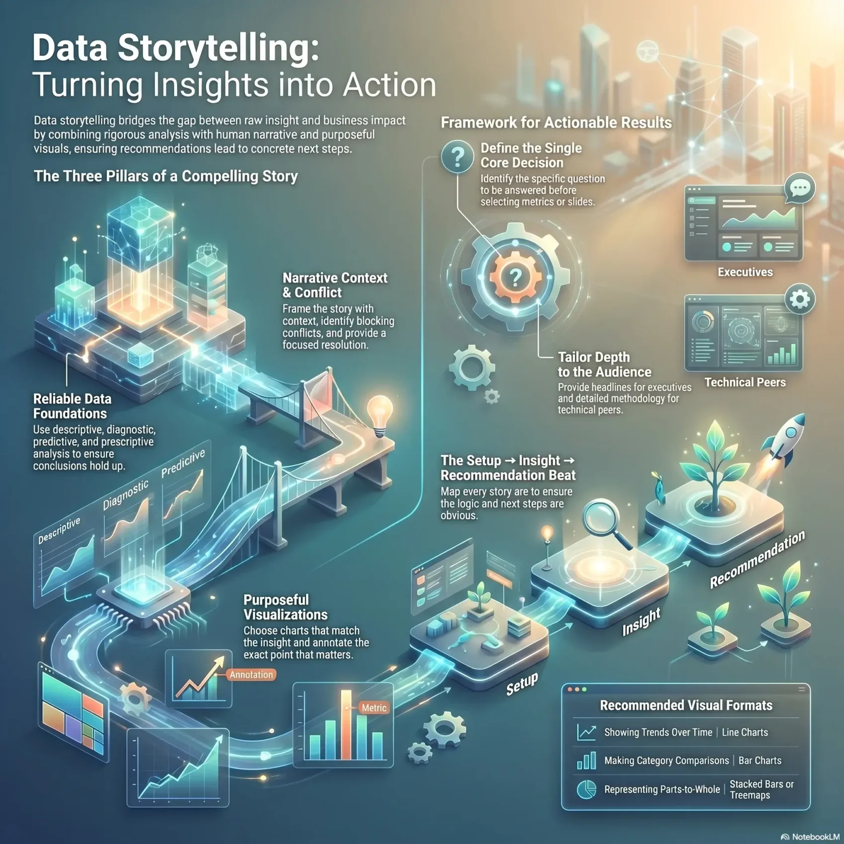 SmartKeys infographic detailing data storytelling techniques to turn business insights into actionable steps using reliable data, narrative context, and clear visualizations.