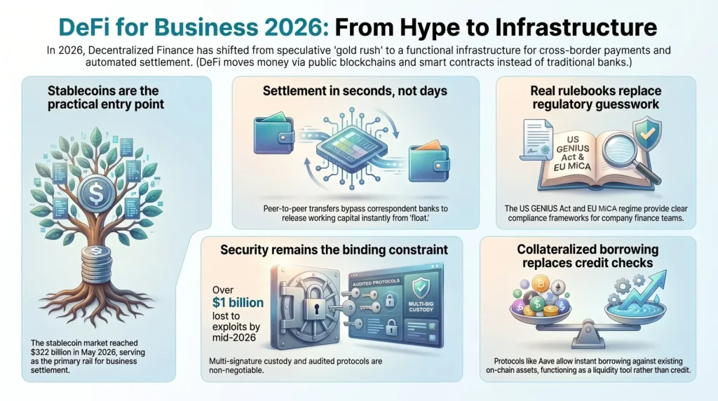 Infographic titled DeFi for Business 2026: From Hype to Infrastructure detailing corporate decentralized finance adoption. It illustrates five key components: stablecoins as practical entry rails reaching $322 billion, instant settlement bypassing correspondent banks, regulatory compliance under EU MiCA and the US GENIUS Act, multi-sig security protocols to mitigate exploits, and collateralized on-chain borrowing via platforms like Aave.