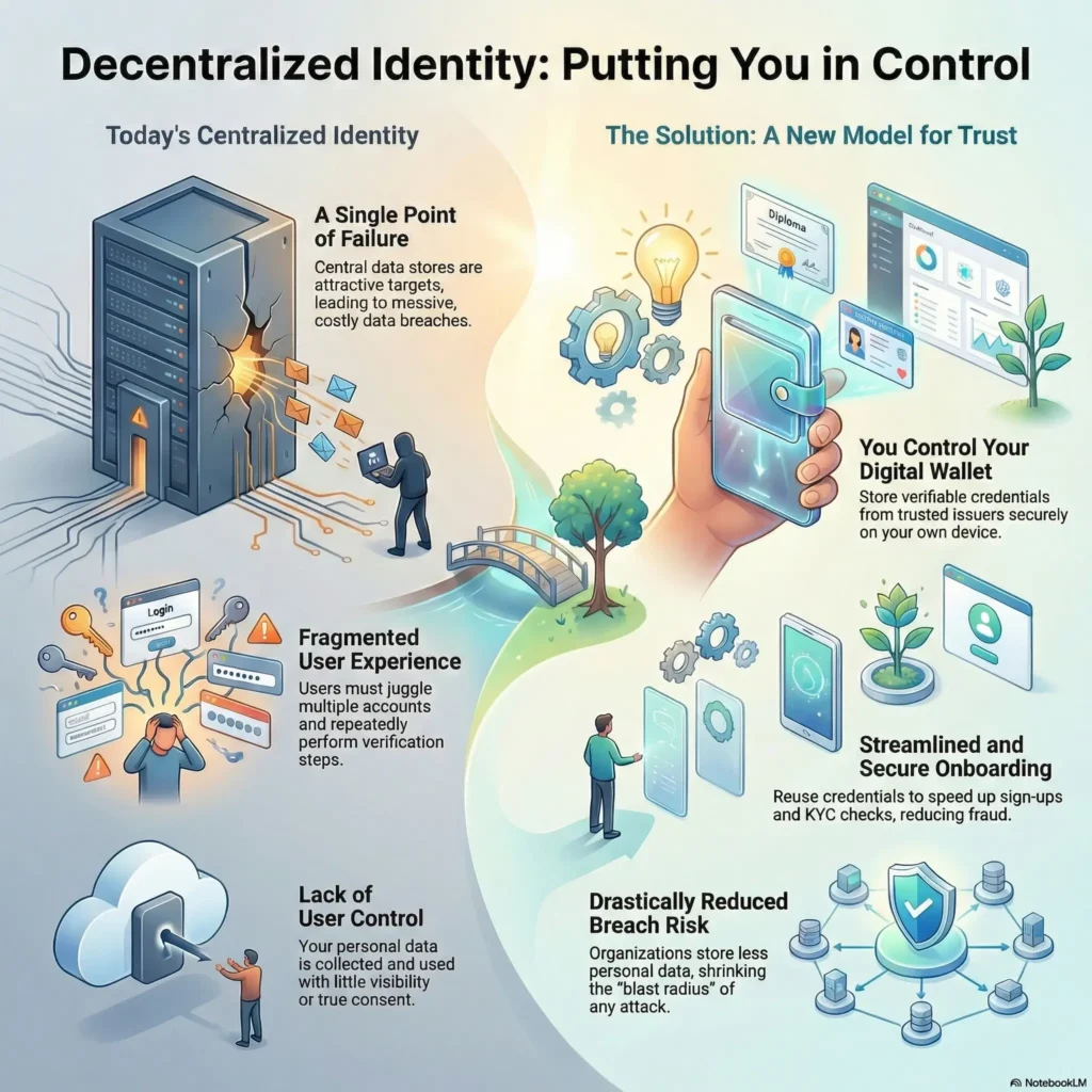 SmartKeys infographic comparing "Today's Centralized Identity" versus "Decentralized Identity." It illustrates how switching from single-point failure servers to user-controlled digital wallets streamlines onboarding, enhances security, and reduces data breach risks.