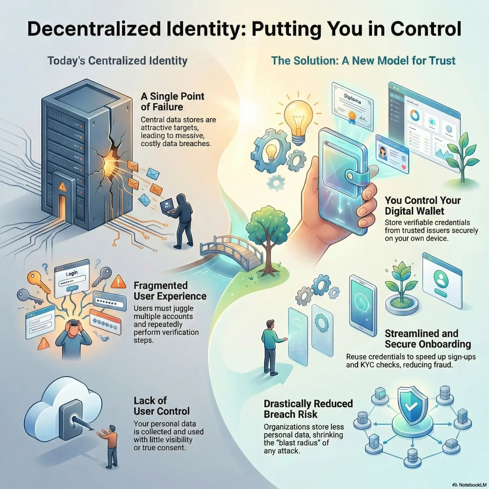 SmartKeys infographic comparing "Today's Centralized Identity" versus "Decentralized Identity." It illustrates how switching from single-point failure servers to user-controlled digital wallets streamlines onboarding, enhances security, and reduces data breach risks.