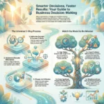 SmartKeys infographic: Business Decision-Making Models. A guide to smarter decisions using a universal 3-step process (Define, Generate, Act) and matching models to missions, including the Rational Approach, Bounded Rationality (Satisficing), Collaborative models (Vroom-Yetton), and Recognition-Primed Decision (RPD).